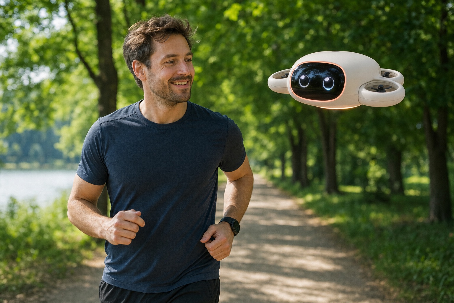 Piko flying alongside a jogger in the park